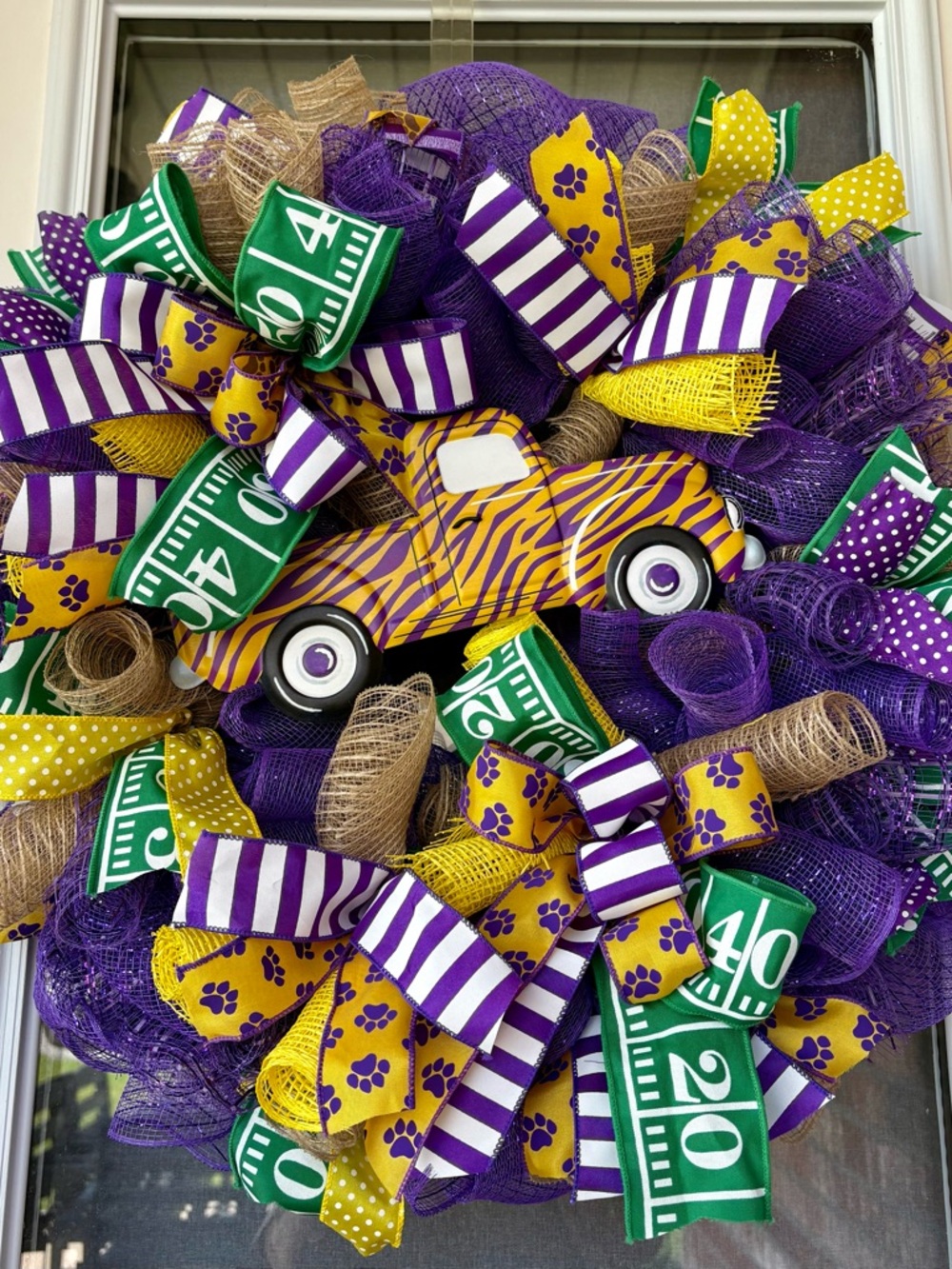 Purple & Yellow Game Day Decorative Wreath with Car Accent